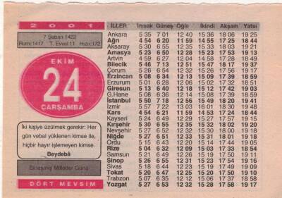 24 Ekim 2001 Takvim Yaprağı EFM(N)3745 - 1