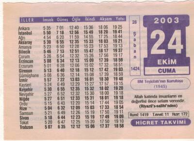 24 Ekim 2003 Takvim Yaprağı EFM(N)3726 - 2