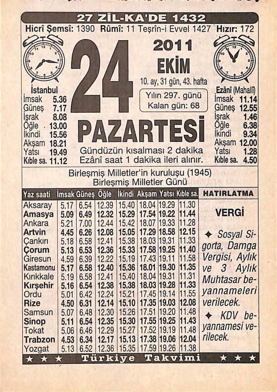 24 Ekim 2011 Takvim Yaprağı - Doğum Günü Hediyesi EFMN15296 - 1