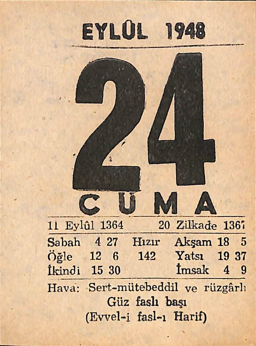 24 Eylül 1948 Takvim Yaprağı - Doğum Günü Hediyesi EFMN14383 - 1