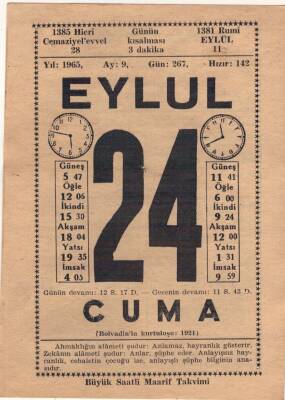 24 Eylül 1965 Takvim Yaprağı EFM(N)3636 - 3