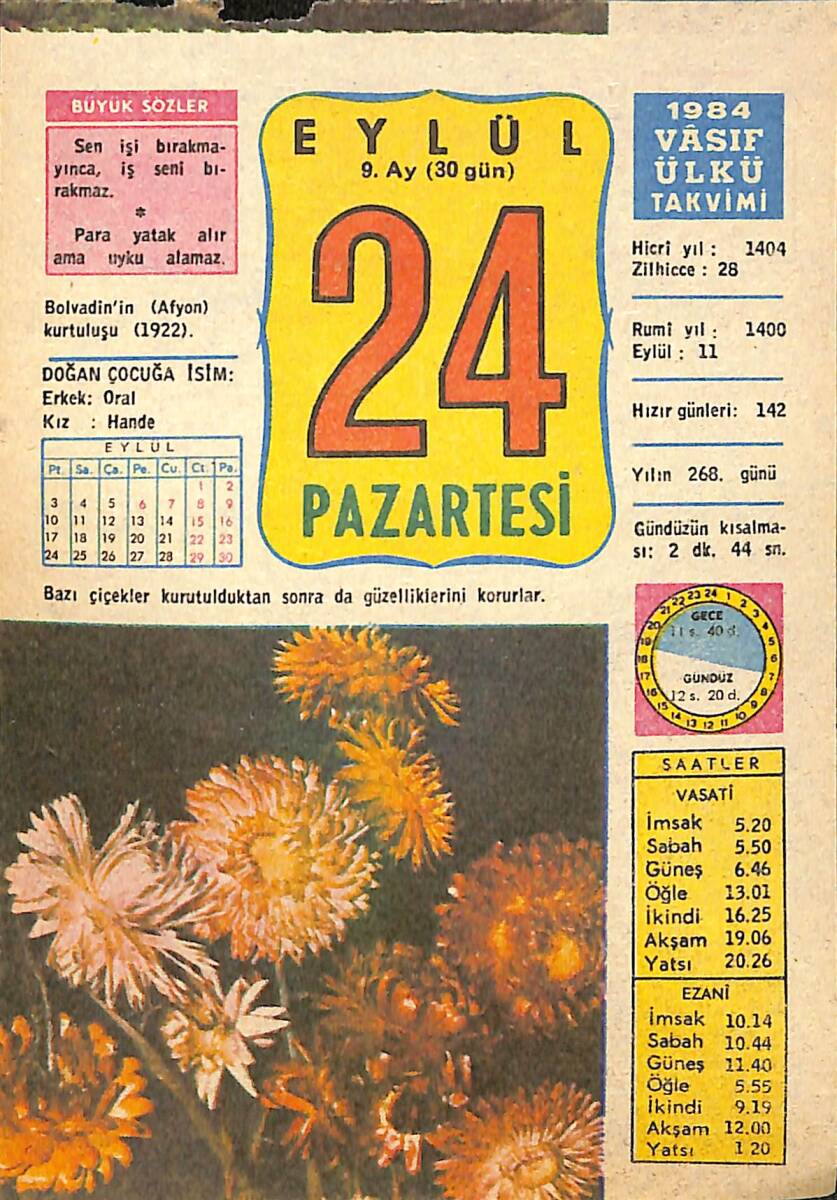24 Eylül 1984 Takvim Yaprağı - Doğum Günü Hediyesi EFMN14842 - 1