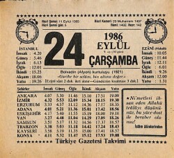 24 Eylül 1986 Takvim Yaprağı - Doğum Günü Hediyesi EFMN14937 - Gökçekoleksiyon