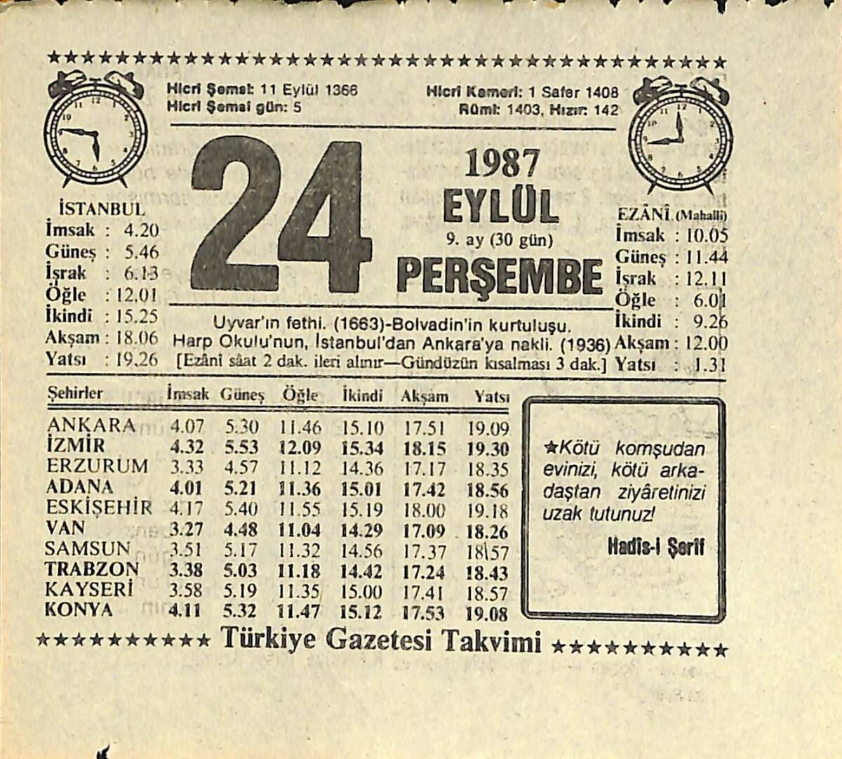 24 Eylül 1987 Takvim Yaprağı - Doğum Günü Hediyesi EFMN13959 - 1