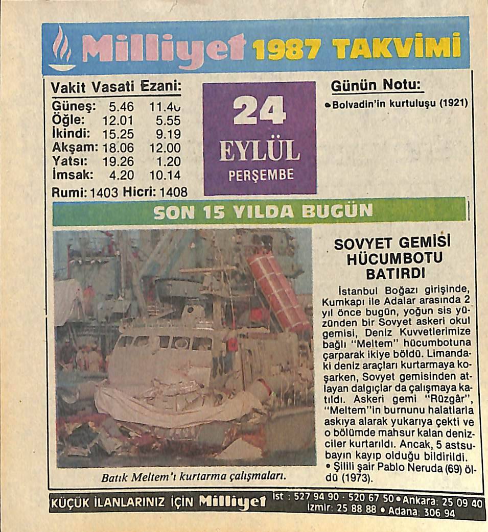 24 Eylül 1987 Takvim Yaprağı - Doğum Günü Hediyesi EFMN14141 - 1