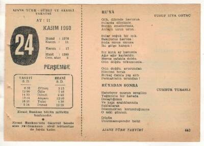 24 Kasım 1960 Ajans Türk Takvim Yaprağı (Şiirli Saatli) EFM(N) 1790 - 4