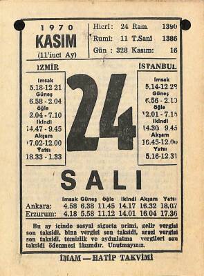 24 Kasım 1970 Takvim Yaprağı - Doğum Günü Hediyesi EFM(N)10756 - 3