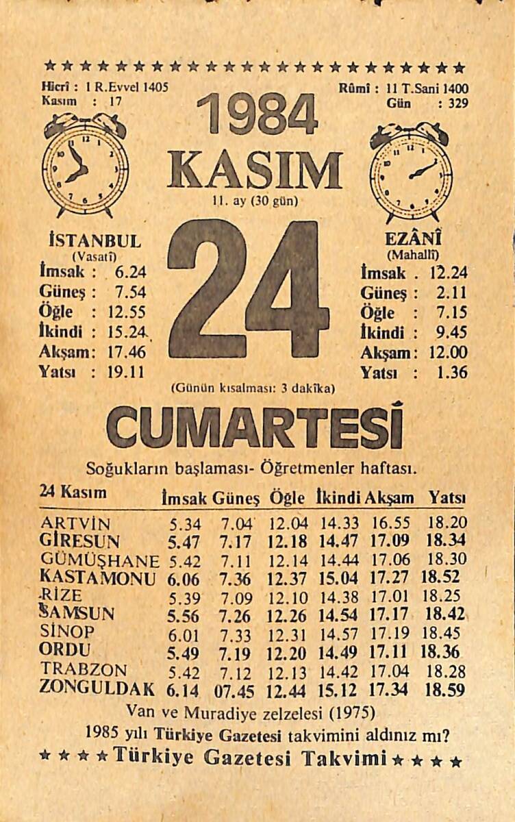24 Kasım 1984 Takvim Yaprağı - Doğum Günü Hediyesi EFMN14530 - 1