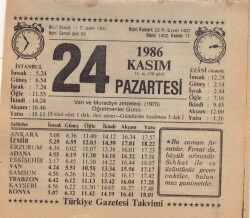 24 Kasım 1986 Takvim Yaprağı EFM(N)3424 - 2