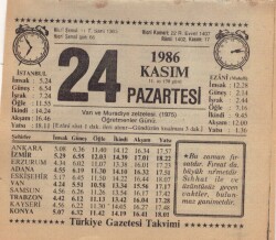 24 Kasım 1986 Takvim Yaprağı EFM(N)3424 - Gökçekoleksiyon
