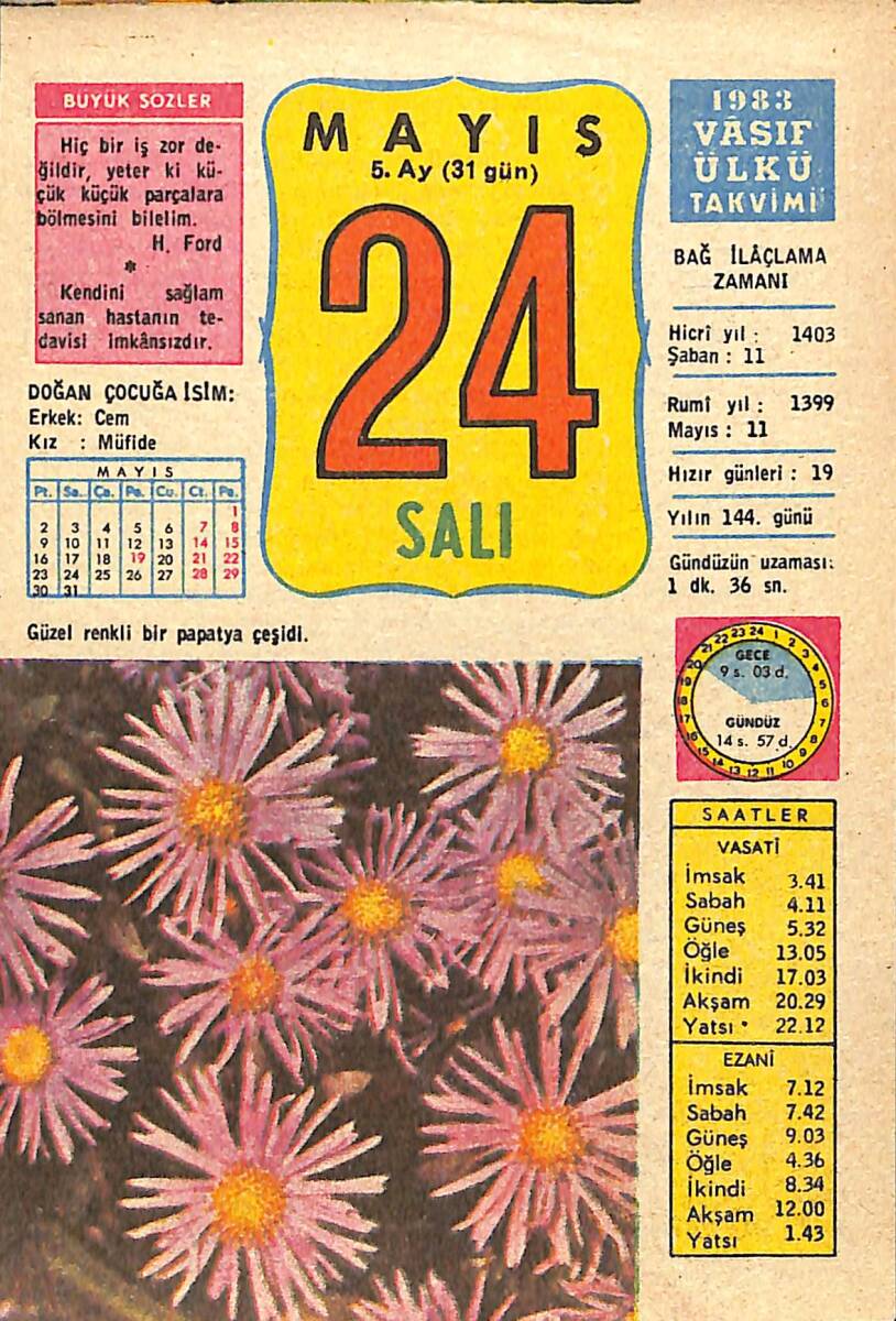 24 Mayıs 1983 Takvim Yaprağı - Doğum Günü Hediyesi EFMN13740 - 1