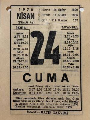 24 Nisan 1970 Takvim Yaprağı - Doğum Günü Hediyesi EFM(N)8279 - 2