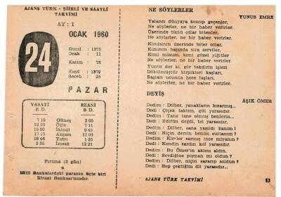 24 Ocak 1960 Ajans Türk Takvim Yaprağı(Şiirli Saatli) EFM(N)1112 - 1