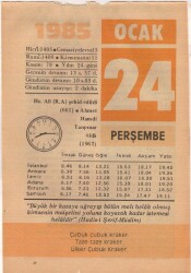 24 Ocak 1985 Takvim Yaprağı EFM(N)4794 - Gökçekoleksiyon