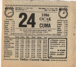 24 Ocak 1986 Takvim Yaprağı EFM(N)5042 - Gökçekoleksiyon