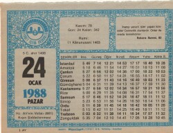 24 Ocak 1988 Takvim Yaprağı EFM(N)4918 - Gökçekoleksiyon