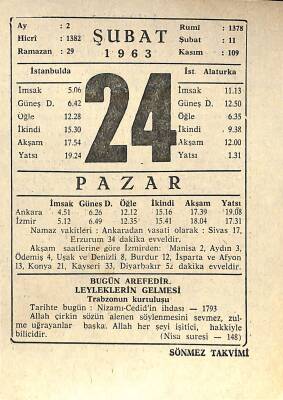 24 Şubat 1963 Takvim Yaprağı - Doğum Günü Hediyesi EFM(N)11293 - 1