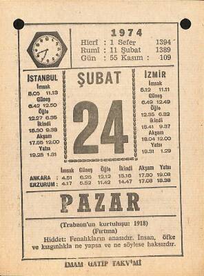 24 Şubat 1974 Takvim Yaprağı - Doğum Günü Hediyesi EFM(N)12310 - 1