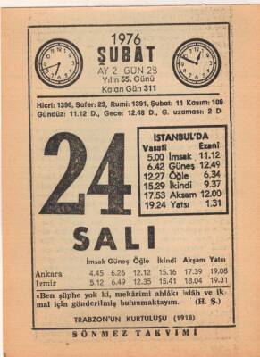 24 Şubat 1976 Takvim Yaprağı EFM(N)5290 - 1