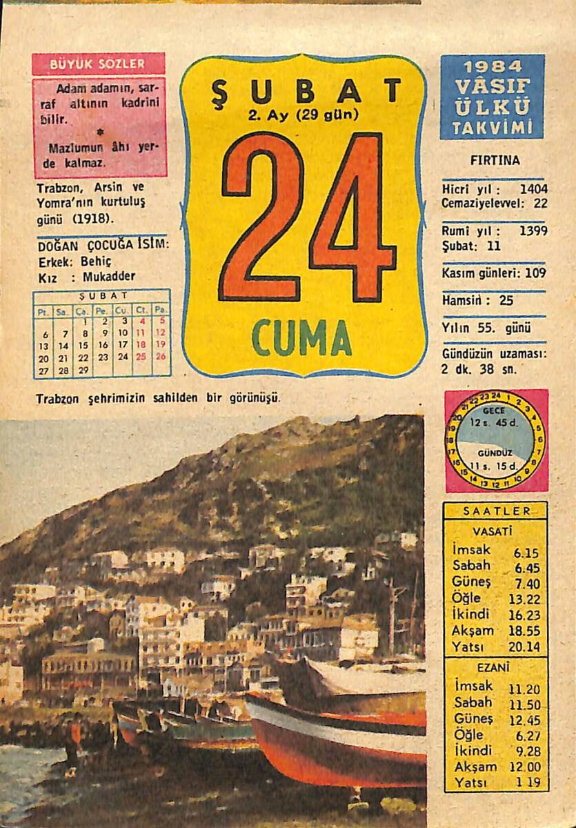 24 Şubat 1984 Takvim Yaprağı - Doğum Günü Hediyesi EFMN15221 - 1