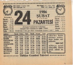 24 Şubat 1986 Takvim Yaprağı EFM(N)5235 - Gökçekoleksiyon