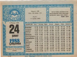 24 Şubat 1988 Takvim Yaprağı EFM(N)5514 - Gökçekoleksiyon