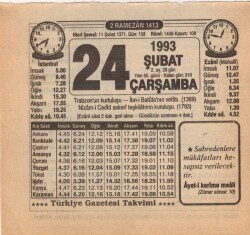 24 Şubat 1993 Takvim Yaprağı EFM(N)5319 - Gökçekoleksiyon
