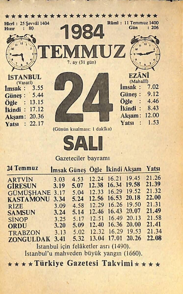 24 Temmuz 1984 Takvim Yaprağı - Doğum Günü Hediyesi EFMN15788 - 1