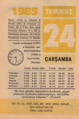 24 Temmuz 1985 Takvim Yaprağı EFM(N)2118 - 3