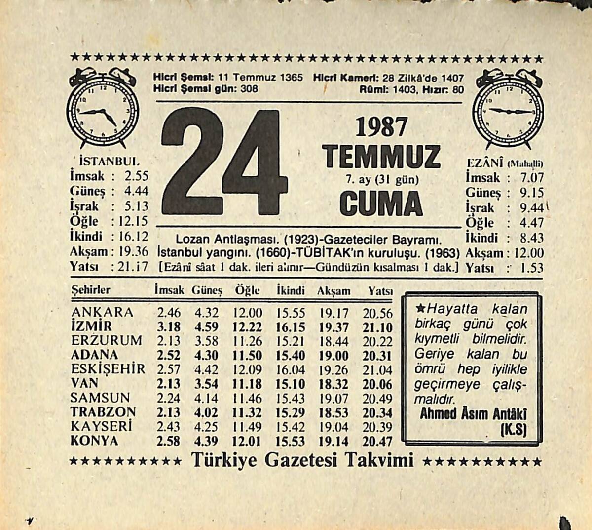 24 Temmuz 1987 Takvim Yaprağı - Doğum Günü Hediyesi EFMN13836 - 1
