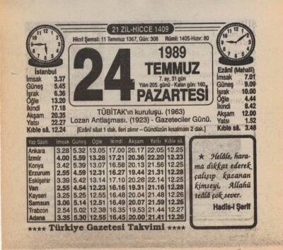 24 Temmuz 1989 Takvim Yaprağı EFM(N)2121 - 3