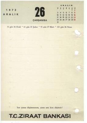 25 - 26 Aralık 1973 Ziraat Bankası Masa Takvimi Takvim Yaprağı EFM1294 - 2