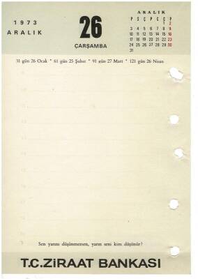 25 - 26 Aralık 1973 Ziraat Bankası Masa Takvimi Takvim Yaprağı EFM1294 - 4