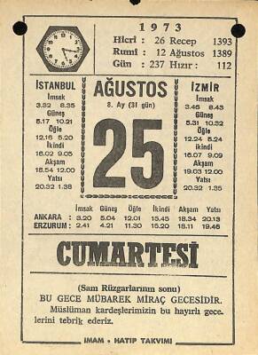25 Ağustos 1973 Takvim Yaprağı - Doğum Günü Hediyesi EFM(N)10125 - 1