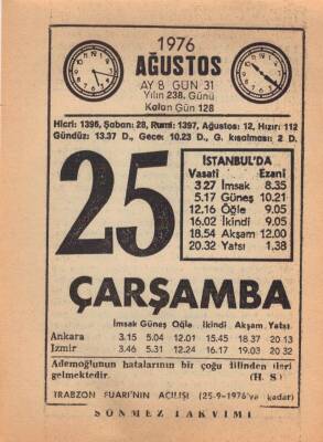 25 Ağustos 1976 Takvim Yaprağı EFM(N)2499 - 1