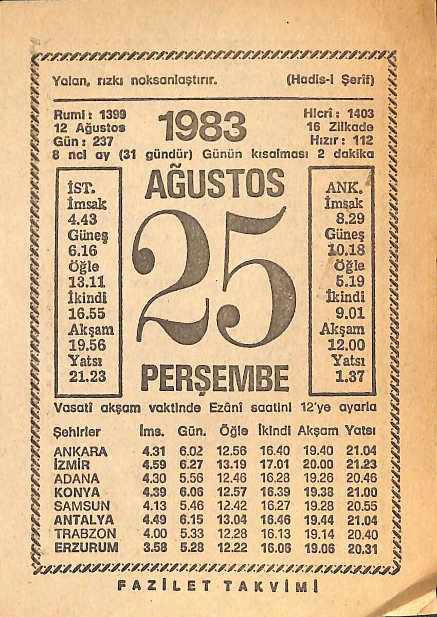 25 Ağustos 1983 Takvim Yaprağı - Doğum Günü Hediyesi EFMN15392 - 1