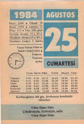 25 Ağustos 1984 Takvim Yaprağı EFM(N)2500 - 3