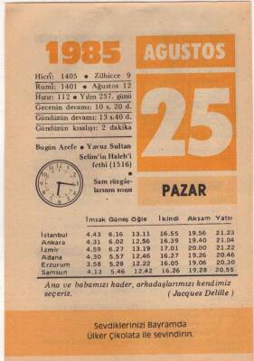25 Ağustos 1985 Takvim Yaprağı EFM(N)2501 - 3