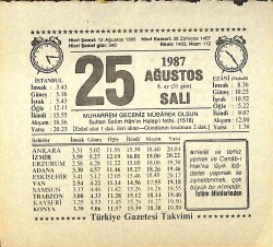25 Ağustos 1987 Takvim Yaprağı - Doğum Günü Hediyesi EFMN13868 - Gökçekoleksiyon