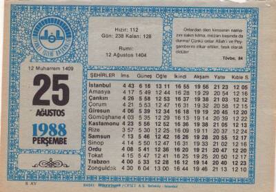 25 Ağustos 1988 Takvim Yaprağı EFM(N)2503 - 3