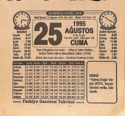 25 Ağustos 1995 Takvim Yaprağı - Doğum Günü Hediyesi EFMN15448 - Gökçekoleksiyon