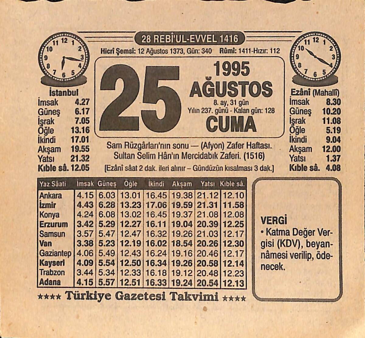 25 Ağustos 1995 Takvim Yaprağı - Doğum Günü Hediyesi EFMN15448 - 1