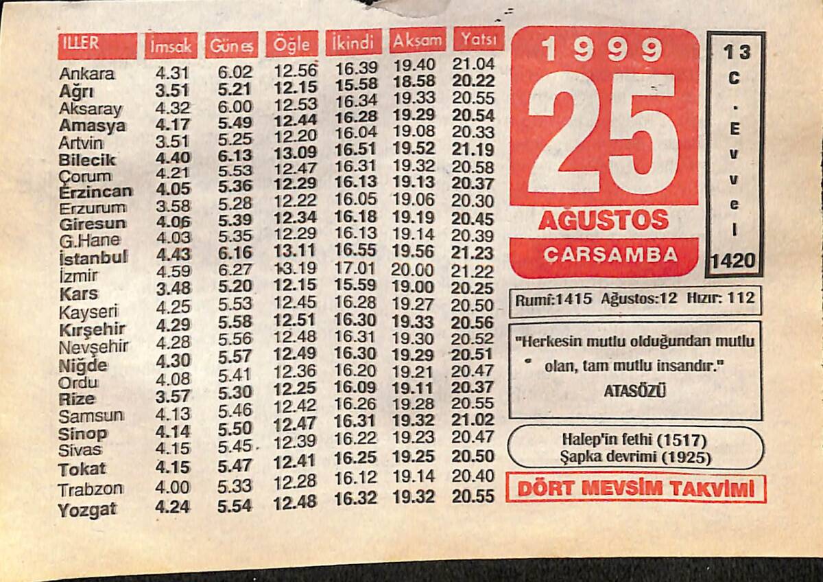 25 Ağustos 1999 Takvim Yaprağı - Doğum Günü Hediyesi EFMN14031 - 1