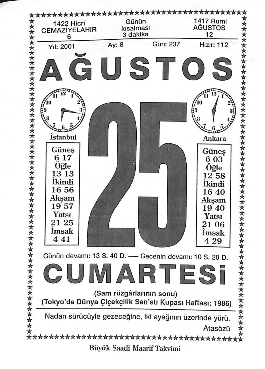 25 Ağustos 2001 Takvim Yaprağı - Doğum Günü Hediyesi EFMN14205 - 1