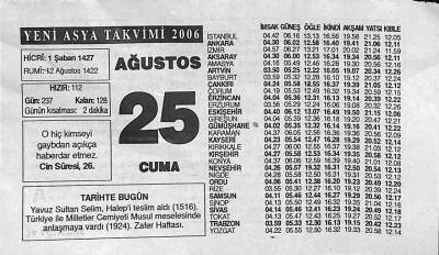 25 Ağustos 2006 Takvim Yaprağı - Doğum Günü Hediyesi EFM(N)9961 - 2