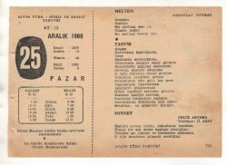 25 Aralık 1960 Ajans Türk Takvim Yaprağı (Şiirli Saatli) EFM(N) 1819 - 1