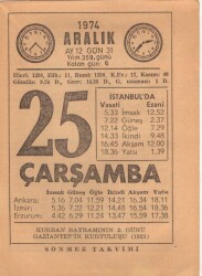 25 Aralık 1974 Takvim Yaprağı EFM(N)4307 - Gökçekoleksiyon