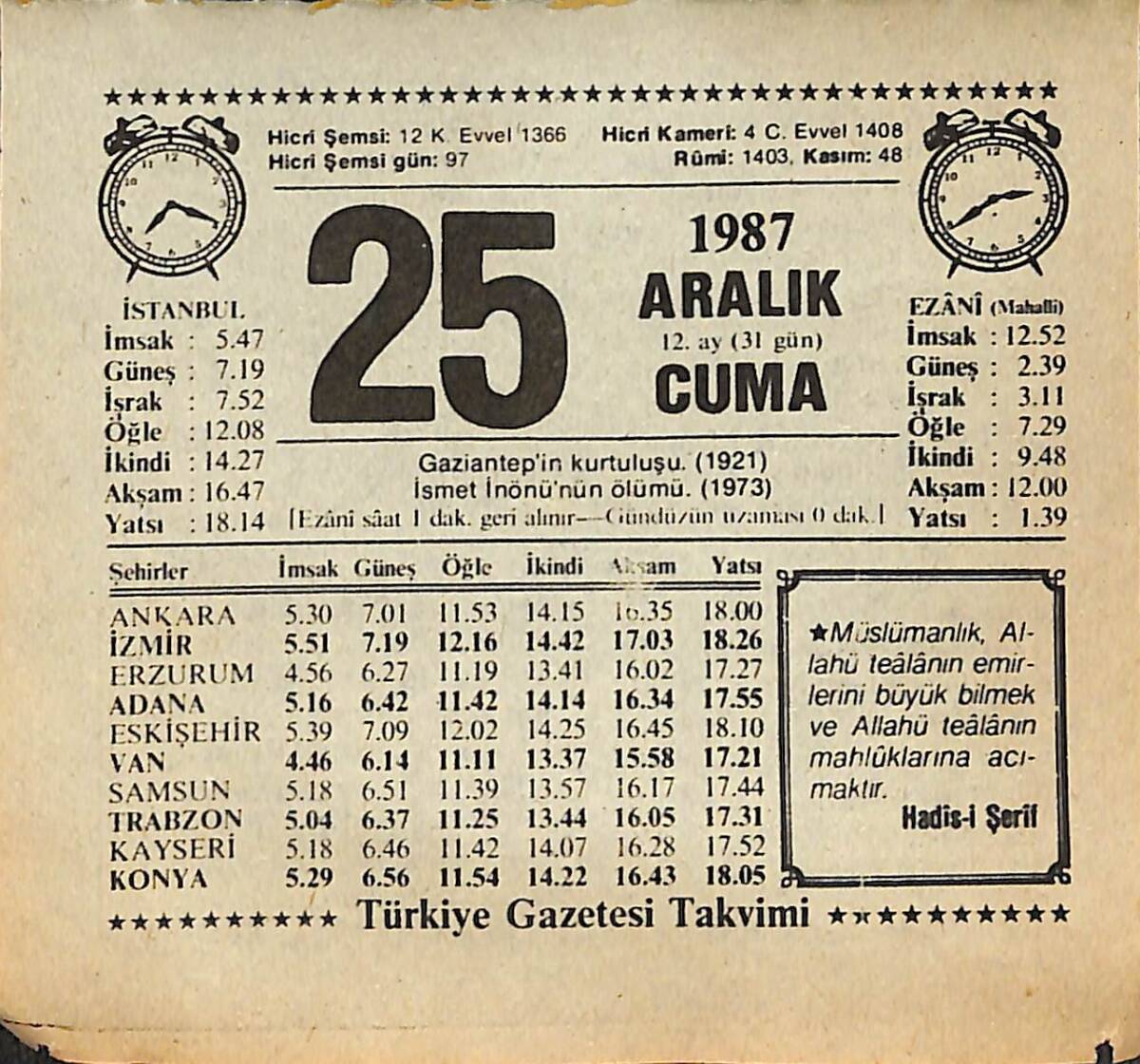 25 Aralık 1987 Takvim Yaprağı - Doğum Günü Hediyesi EFMN14986 - 1