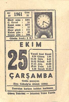 25 Ekim 1961 Takvim Yaprağı - Doğum Günü Hediyesi EFM(N)11337 - 1