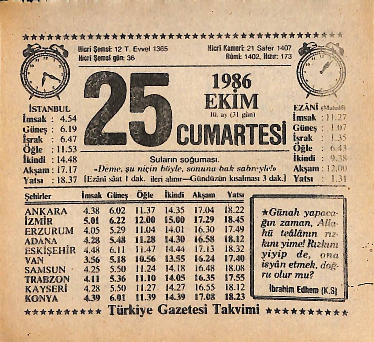 25 Ekim 1986 Takvim Yaprağı - Doğum Günü Hediyesi EFMN14906 - 1
